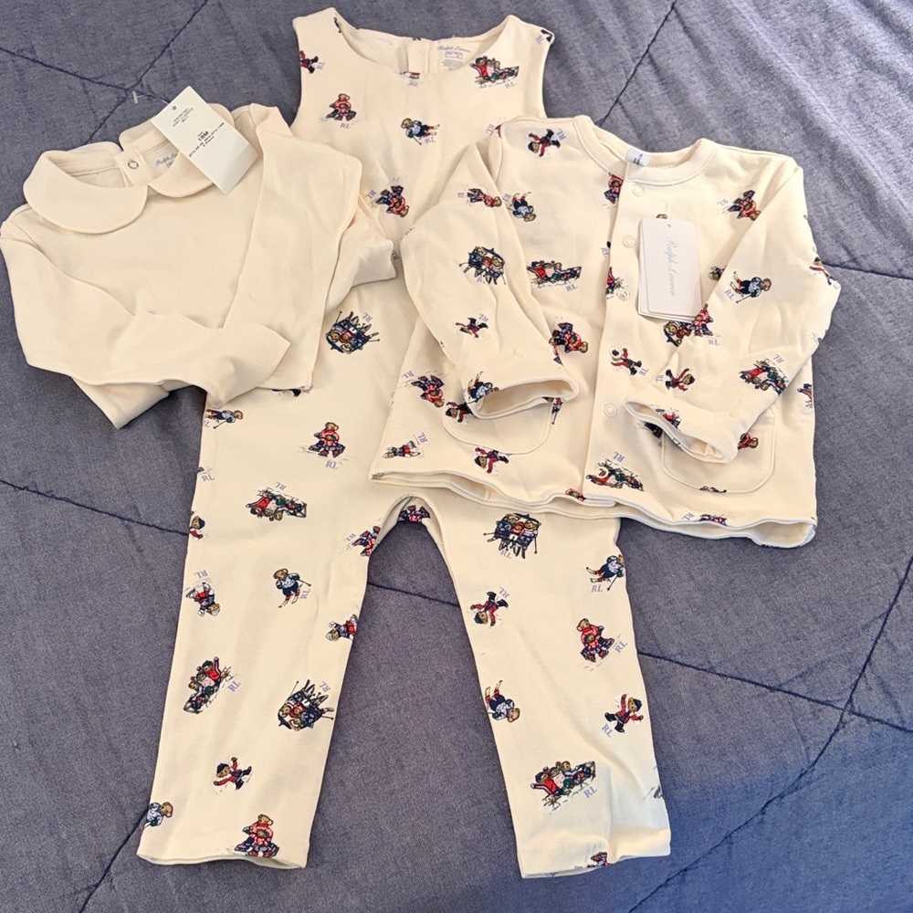 Ralph Lauren Cream Kids 3-Piece Set with Polo Bear Prints